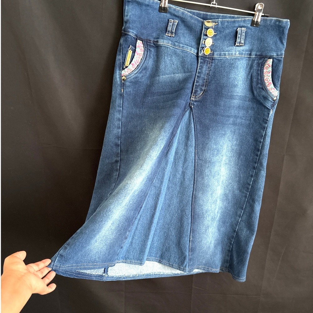 Mara Divine Blue Denim Embellished Midi Skirt Womens Plus Size 16 High Waist Y2K - Picture 5 of 11
